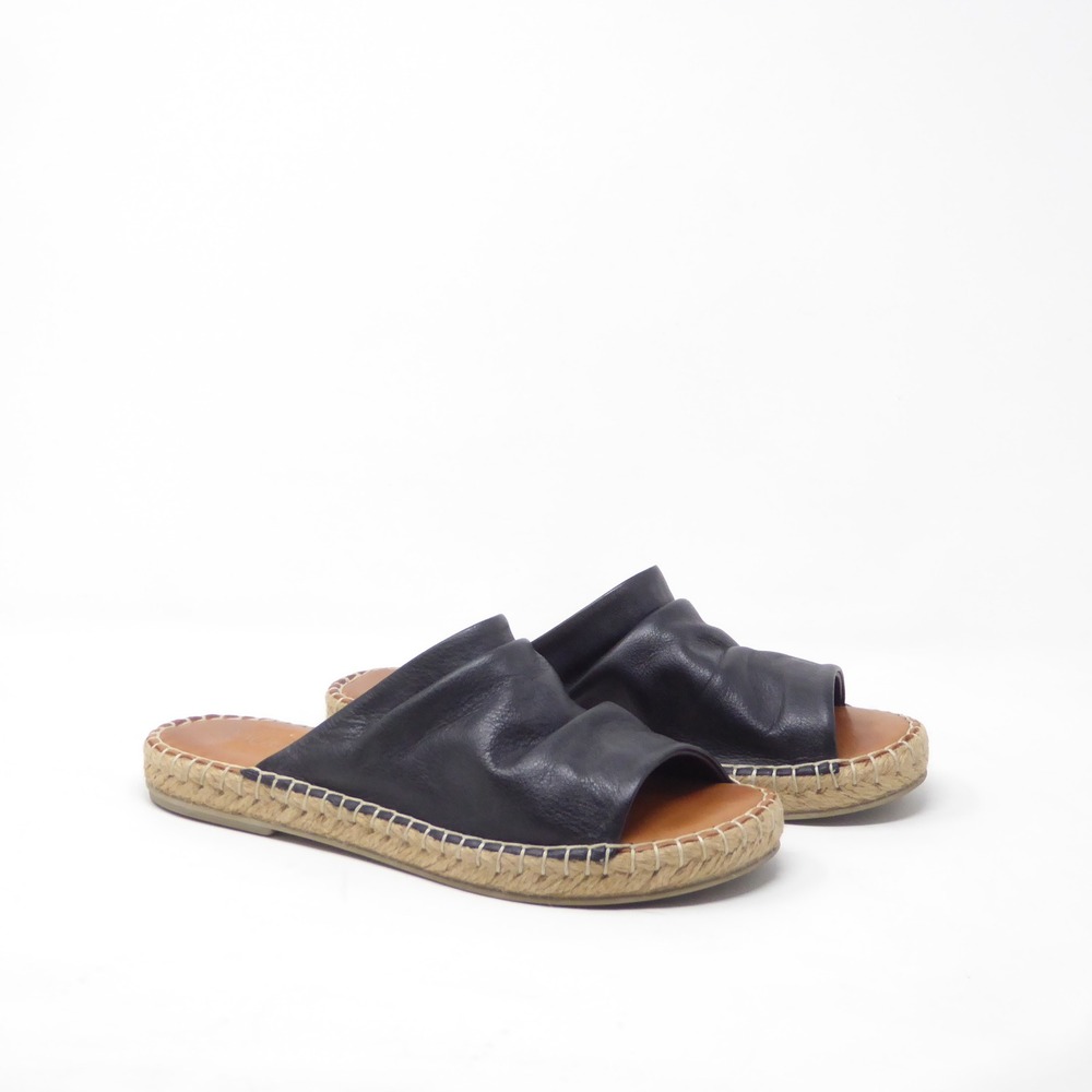 Bueno Womens Nice Espadrille Slide Sandals Black Leather Ruched Open Toe Size 39